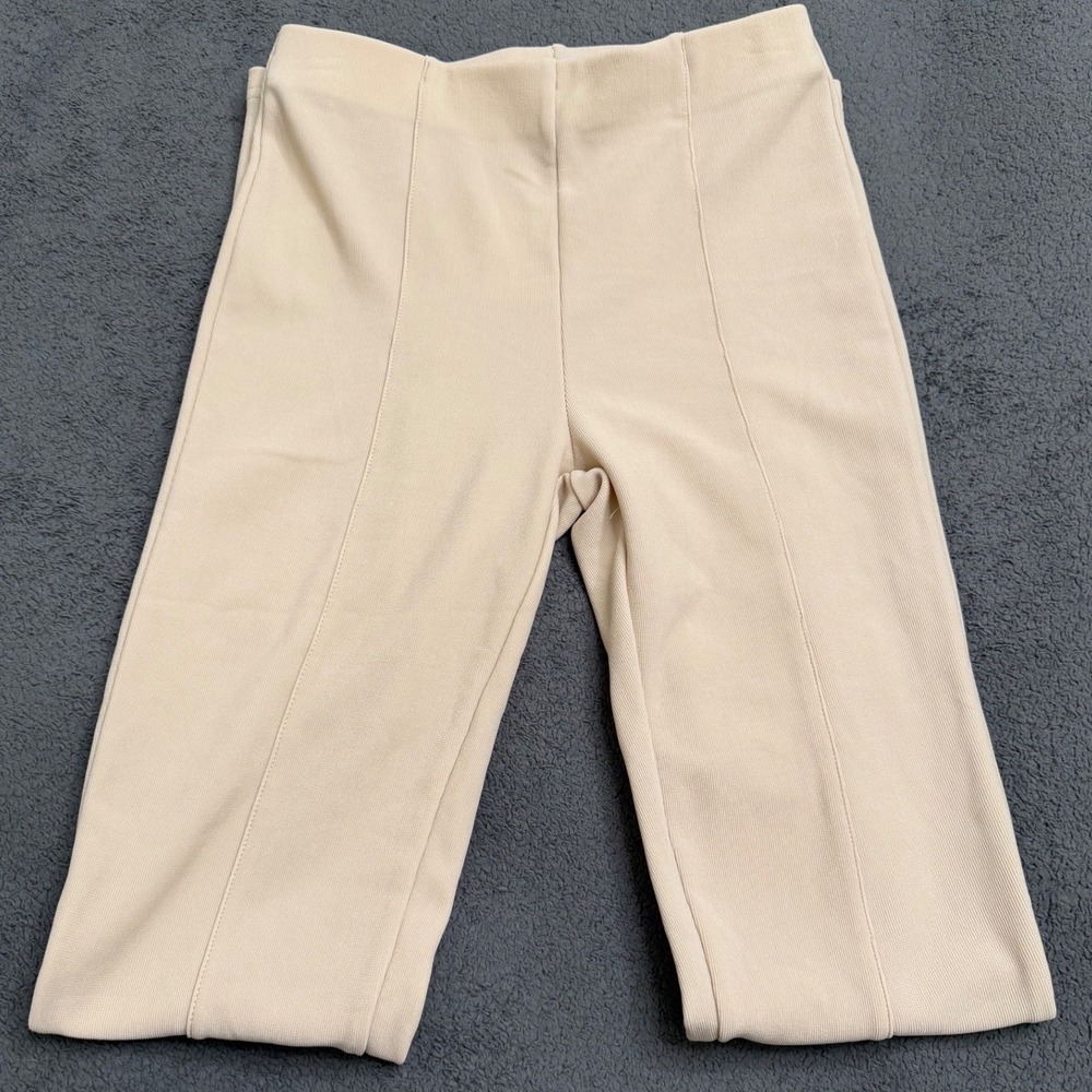 Adika Flare Pants Women Size S Beige NWT Ribbed Knit Split Hem High Waisted Seam